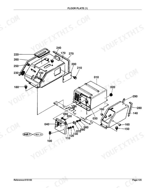 Kubota KX101 exploded view diagram of floor plate and operator station cabin components with numbered parts list.