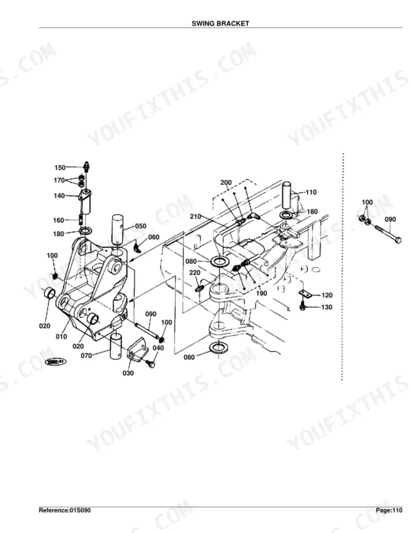 Kubota KX101 exploded view diagram of the swing bracket assembly, including pins, bushings, and hydraulic fittings.