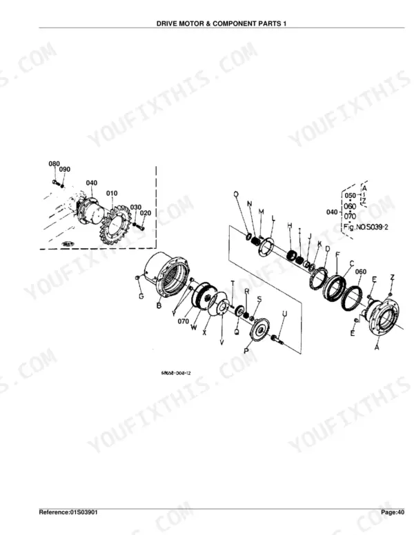 Kubota KX101 exploded view diagram of drive motor and component parts, showing sprocket and internal assembly.
