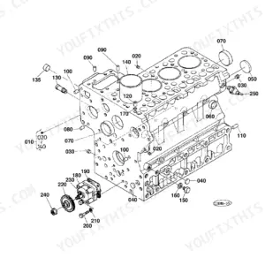 Kubota KX101 exploded view diagram of the engine crankcase assembly, including oil pump and cylinder block components.