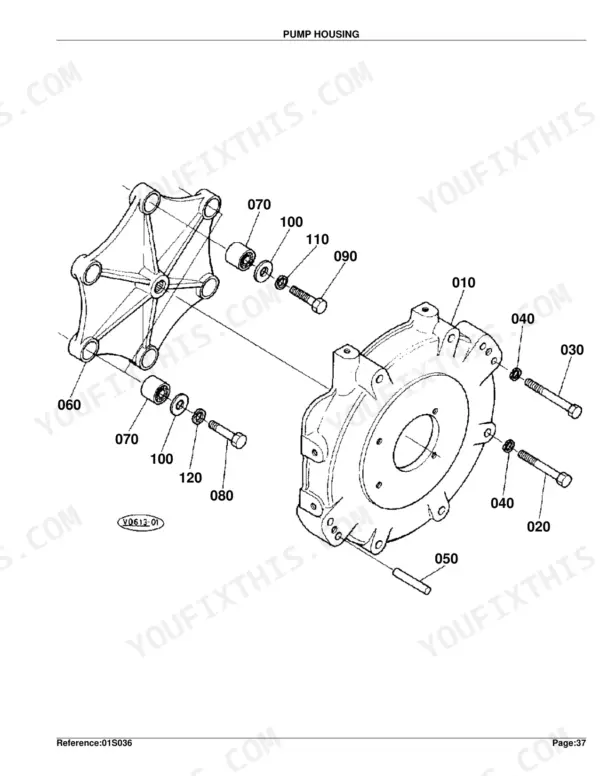 Kubota KX101 exploded view diagram of the pump housing assembly showing bolts, washers, and mounting components.