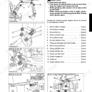 Kubota KX121-3, KX161-3 lubrication point diagrams for boom, arm, bucket, and angle dozer components with index list.