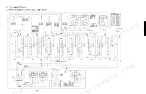 Kubota KX121-3, KX161-3 hydraulic circuit diagram showing main control valve, relief pressure table, and pump specs.