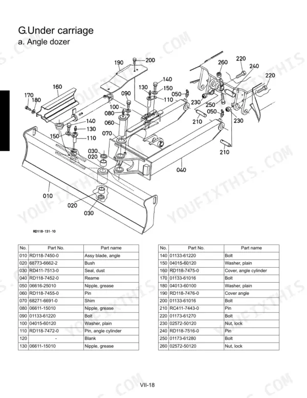 Kubota KX121-3, KX161-3 exploded view diagram and parts list for the angle dozer undercarriage assembly.