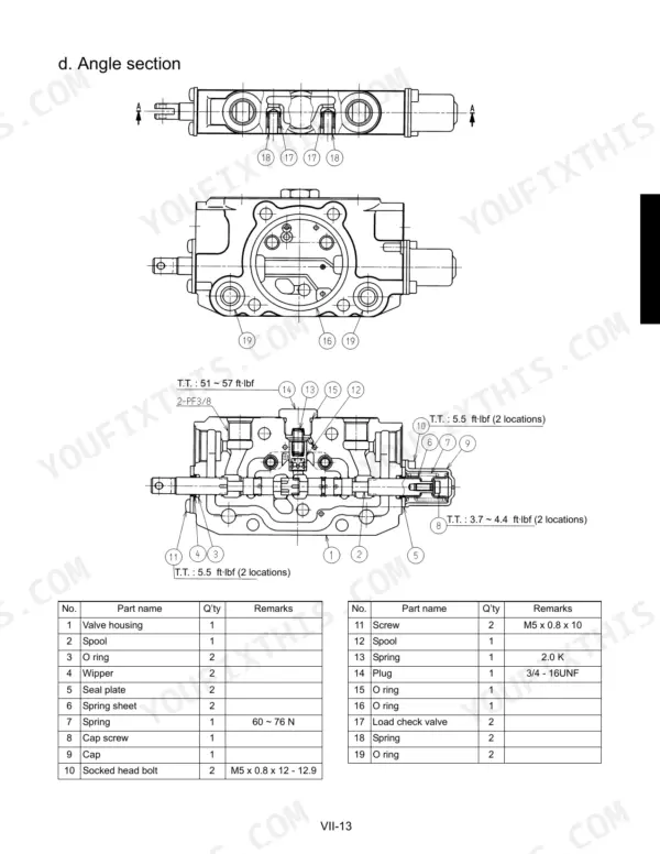 Kubota KX121-3, KX161-3 angle section valve exploded view with torque specifications and parts list table.