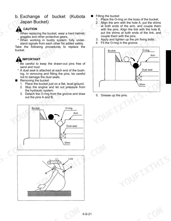 Kubota KX121-3, KX161-3 bucket exchange procedure, including diagrams of bucket pins, O-rings, dust seals, and shims.