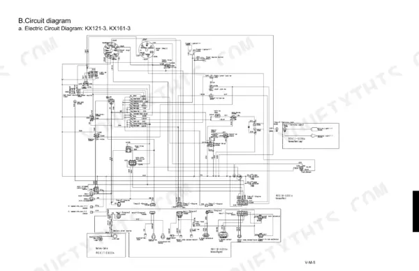 Kubota KX121-3, KX161-3 electric circuit diagram showing relays, switches, sensors, and harness connections.