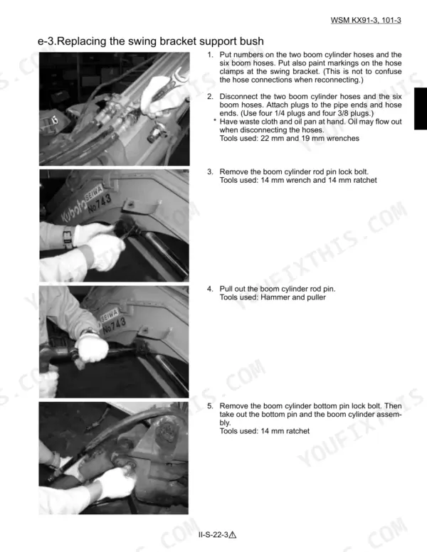 Kubota KX91-3, KX101-3 service manual procedure for replacing the swing bracket support bush and boom cylinder removal.