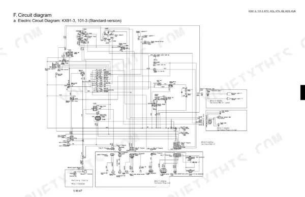 Kubota KX91-3, KX101-3 standard version electric circuit diagram showing harness, relays, and component connections.