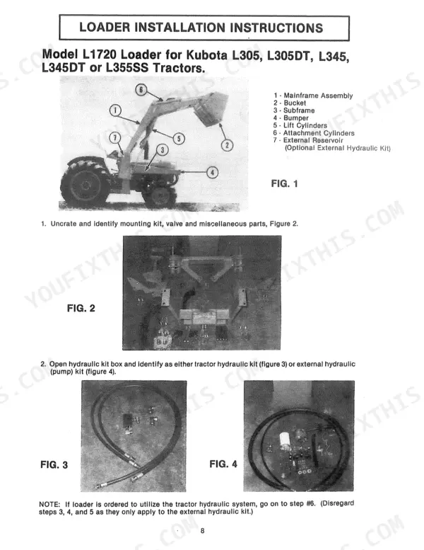 Kubota L1720 LOADER installation instructions, showing loader components, mounting kit, and hydraulic kits.