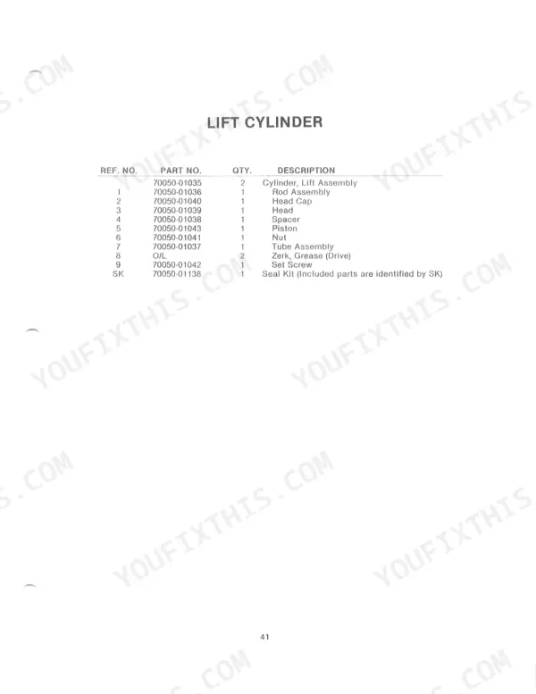 Kubota L1720 LOADER parts list table for lift cylinder components including rod, piston, seal kit, and grease zerk.