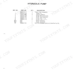 Kubota L1720 LOADER hydraulic pump parts list table including pump assembly, dowel pins, shafts, and seal kit details.