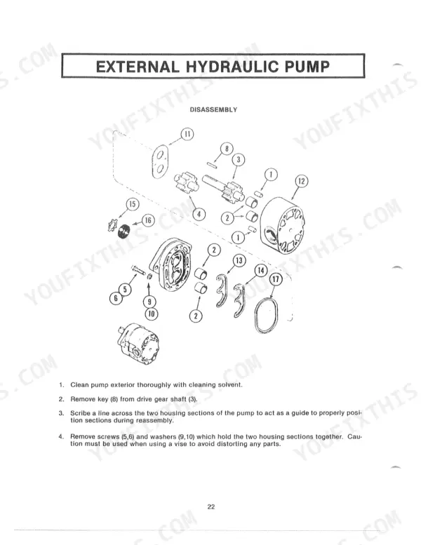 Kubota L1720 LOADER external hydraulic pump disassembly exploded view diagram and removal procedure steps.