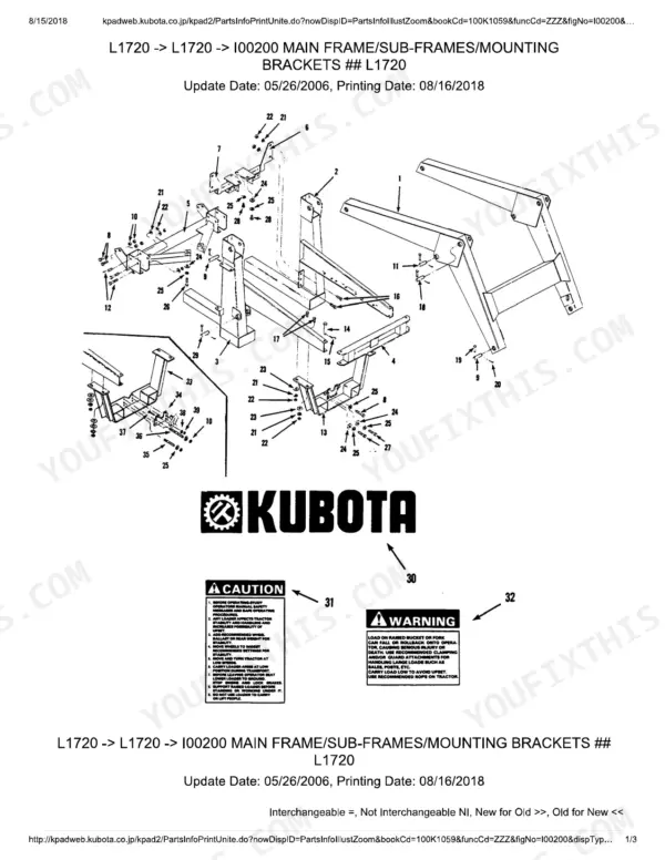 Kubota L1720 exploded view diagram of main frame, sub-frames, and mounting brackets with safety warning labels.