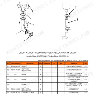 Kubota L1720 exploded view diagram and parts list for the muffler relocator exhaust system components.