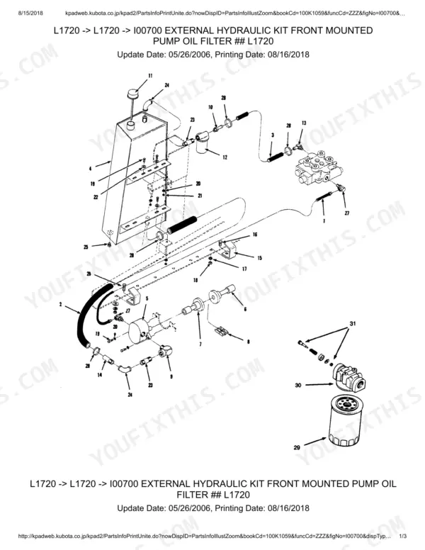 Kubota L1720 exploded view of external hydraulic kit, front mounted pump, and oil filter assembly components.