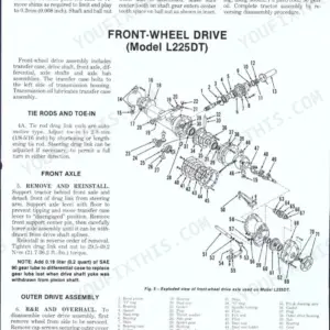Kubota L175, L210, L225, L225DT, L260 shop manual exploded view of front-wheel drive axle and steering gear procedures.