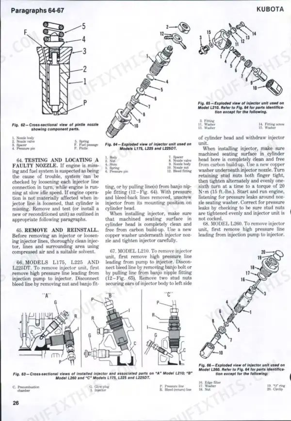 Kubota L175, L210, L225, L225DT, L260 fuel injector exploded views, cross-sections, and removal procedures.