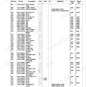 Kubota L175 parts list table for crank case components, including cylinder liners, plugs, gaskets, and flywheel housing.