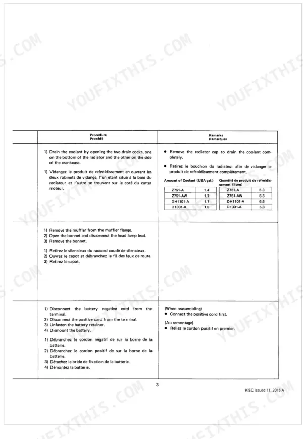 Kubota L185, L245, L295 coolant draining, muffler, bonnet, and battery removal procedures with coolant capacity table.