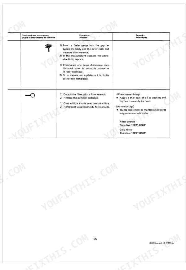 Kubota L185, L245, L295 service manual page showing oil pump rotor clearance and oil filter replacement procedures.