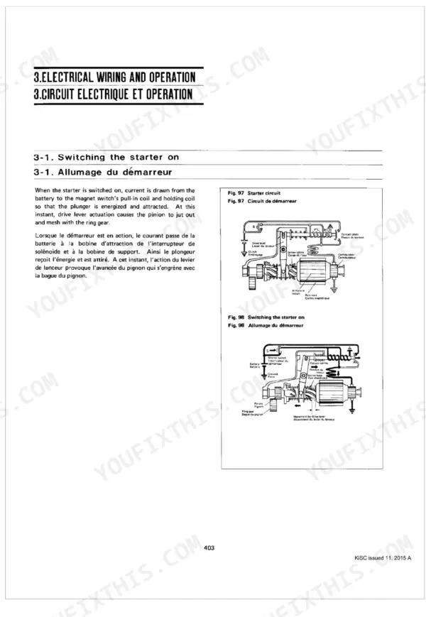 Kubota L185, L245, L295 starter circuit and switching operation diagrams showing solenoid, pinion, and ring gear.