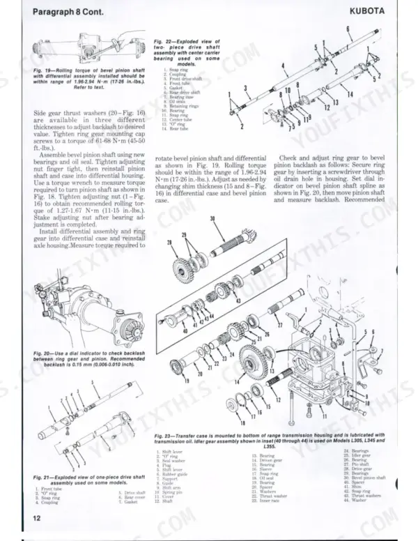 Kubota L185, L235, L245, L275, L285, L295, L305, L345, L355 exploded views of drive shafts, transfer case, and gear backlash specs.