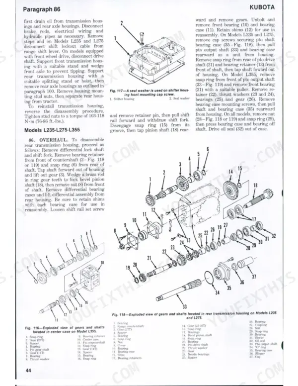 Kubota L185, L235, L245, L275, L285, L295, L305, L345, L355 transmission housing overhaul procedures and exploded view diagrams.