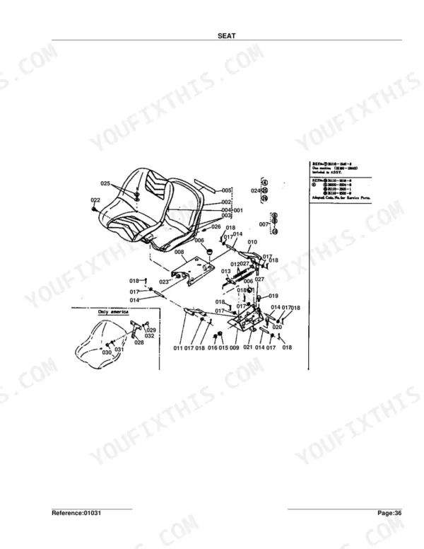 Kubota L185F exploded view diagram of the tractor seat assembly, including mounting brackets, springs, and hardware.