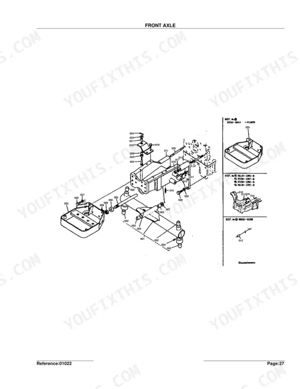 Kubota L185F exploded view diagram of front axle assembly, including frame, pivot pin, and mounting components with reference numbers.