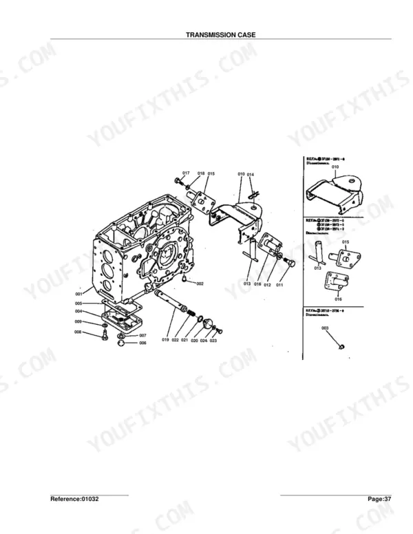 Kubota L185F exploded view diagram of the transmission case, including mounting brackets, shafts, and hardware components.