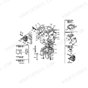 Kubota L185F exploded view diagram of the engine crankcase assembly with numbered component parts list.