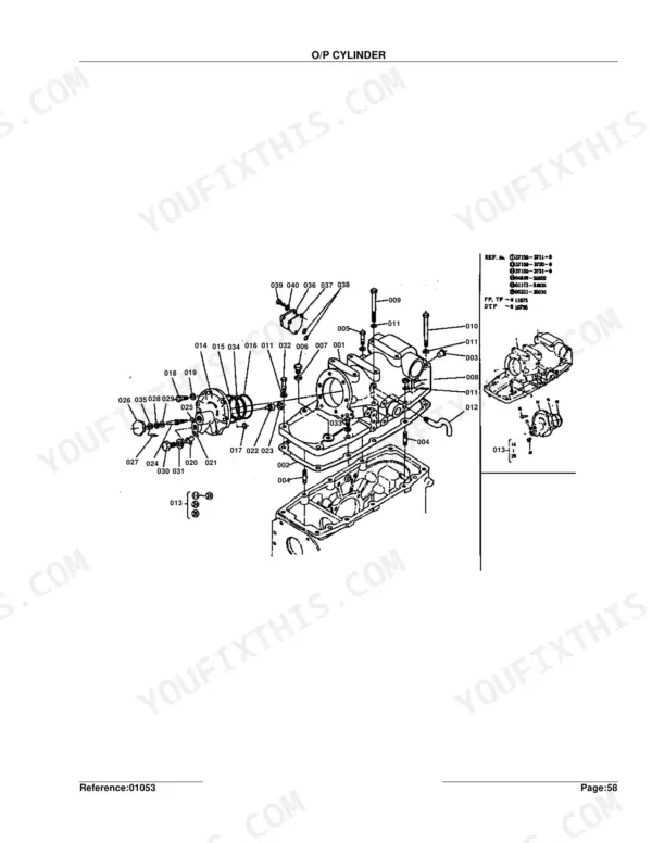 Kubota L185F exploded view diagram of the O/P cylinder assembly with numbered component reference parts list.