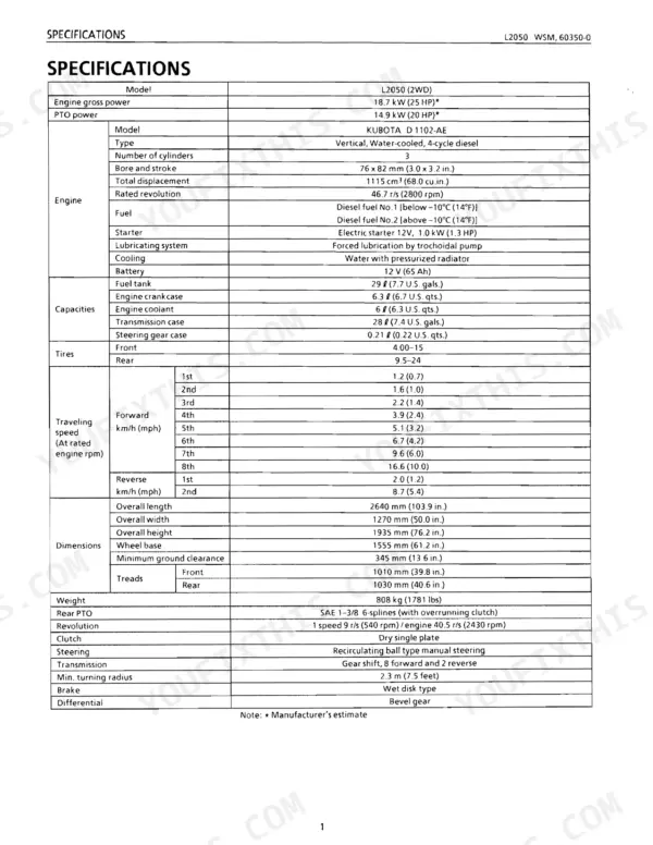 Kubota L2050 tractor specifications table including engine, capacities, traveling speeds, dimensions, and mechanical data.