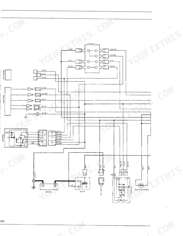 Kubota L2050 electrical wiring diagram showing fuse box, battery, starter, alternator, regulator, and hourmeter connections.