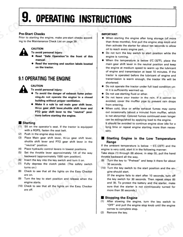 Kubota L2250, L2550, L2850, L3250 operating instructions for starting, cold weather starting, and stopping the engine.