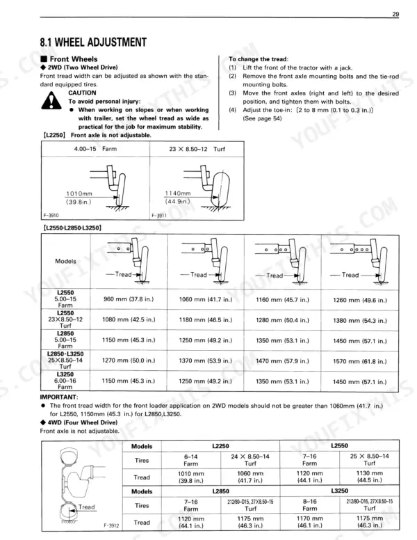 Kubota L2250, L2550, L2850, L3250 front wheel tread adjustment procedures, diagrams, and tire specification tables.
