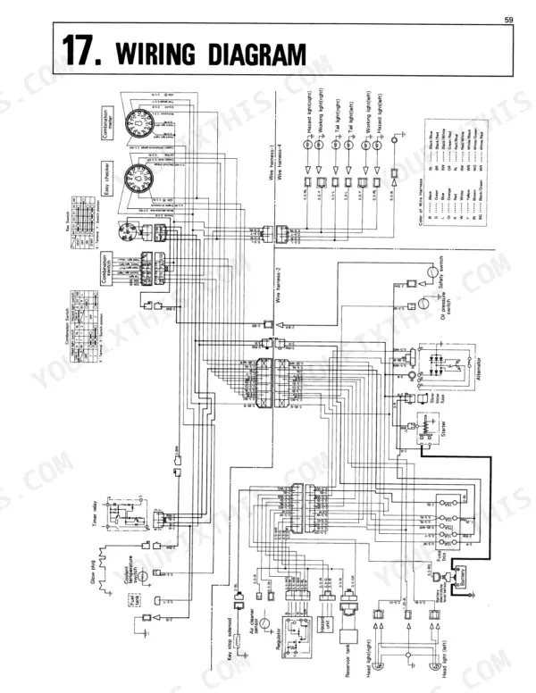 Kubota L2250, L2550, L2850, L3250 electrical wiring diagram showing key switch, starter, alternator, and fuse box.