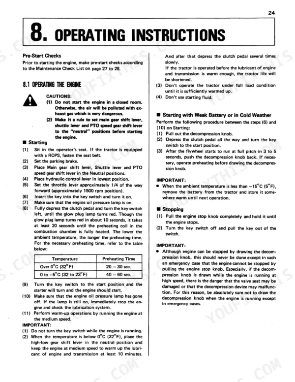 Kubota L235, L235DT, L275, L275DT engine operating instructions, starting, stopping, and preheating time table.