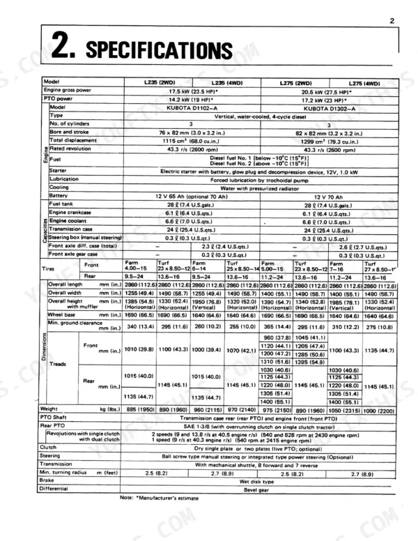 Kubota L235, L235DT, L275, L275DT technical specifications table including engine, capacities, dimensions, and weight data.