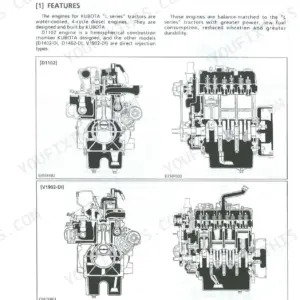 Kubota L2350, L2650, L2950, L3450, L3650 engine cross-section diagrams for D1102 and V1902-DI engine models.