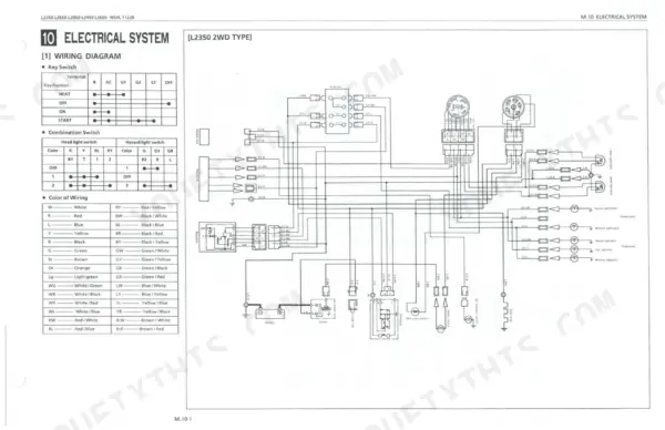 Kubota L2350, L2650, L2950, L3450, L3650 electrical system wiring diagram for L2350 2WD type with switch and color tables.