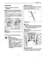 Kubota L2350 3-point hitch operation manual showing top link mounting, lifting rod adjustment, and check chain procedures.