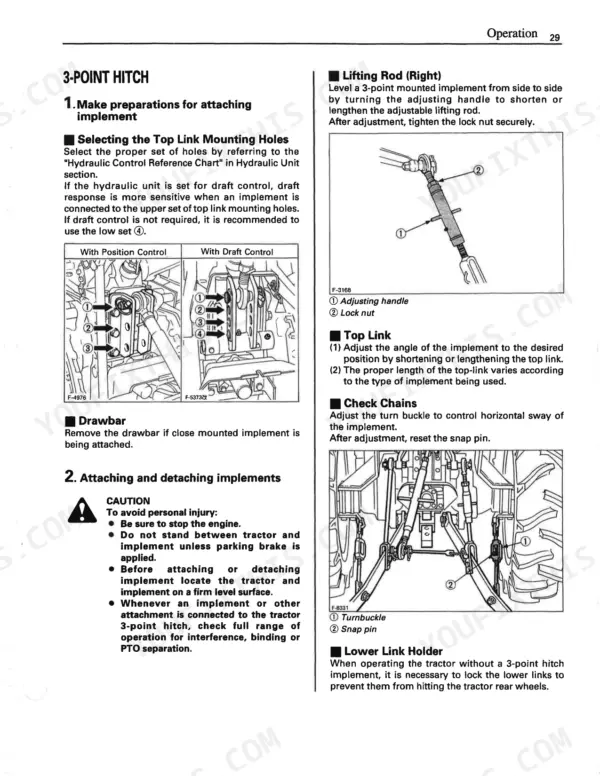 Kubota L2350 3-point hitch operation manual showing top link mounting, lifting rod adjustment, and check chain procedures.