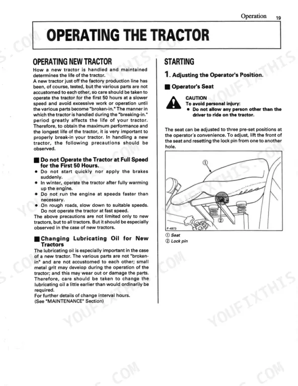 Kubota L2350 operator manual page on tractor break-in procedures and seat adjustment diagram with lock pin details.