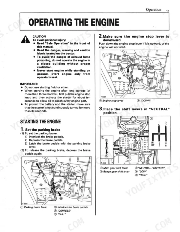 Kubota L2350 engine starting procedure, parking brake, and gear shift lever operation diagrams.