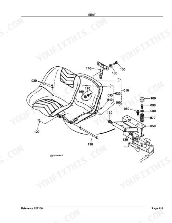 Kubota L2350DT exploded view diagram of the tractor seat assembly, including springs, mounting bracket, and hardware.