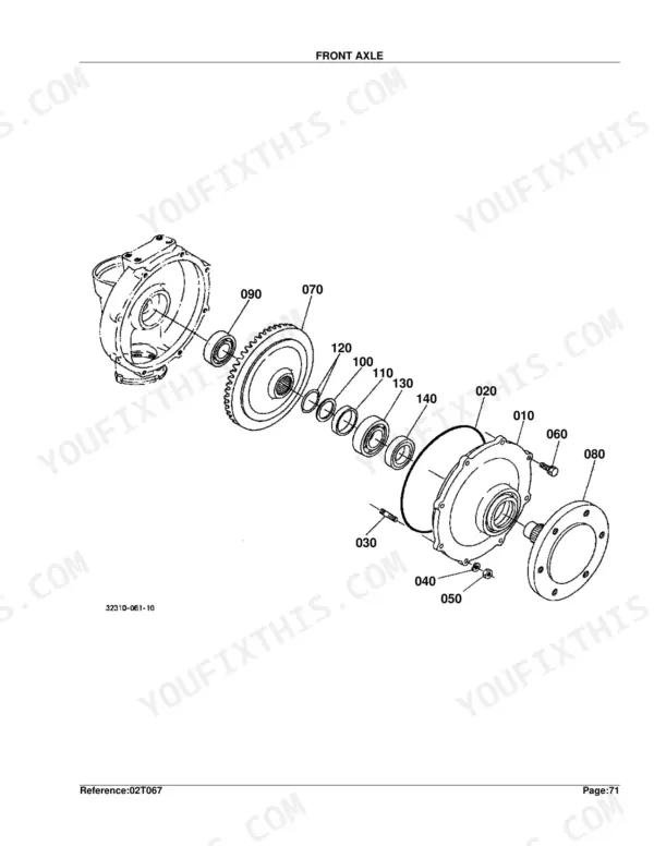 Kubota L2350DT front axle exploded view diagram showing gear, bearings, and housing assembly components.