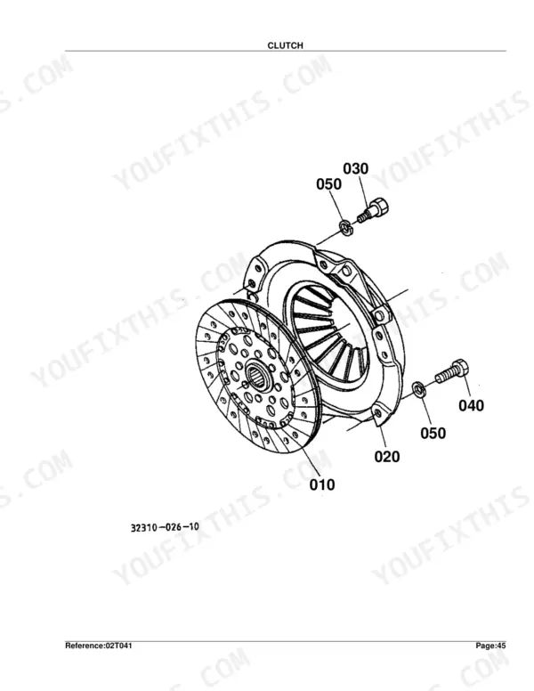 Kubota L2350DT exploded view diagram of the clutch assembly showing the clutch disc, pressure plate, bolts, and washers.