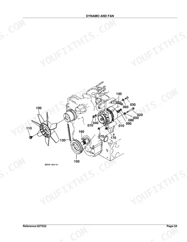 Kubota L2350DT exploded view diagram of the dynamo, cooling fan, pulley, and mounting hardware components.